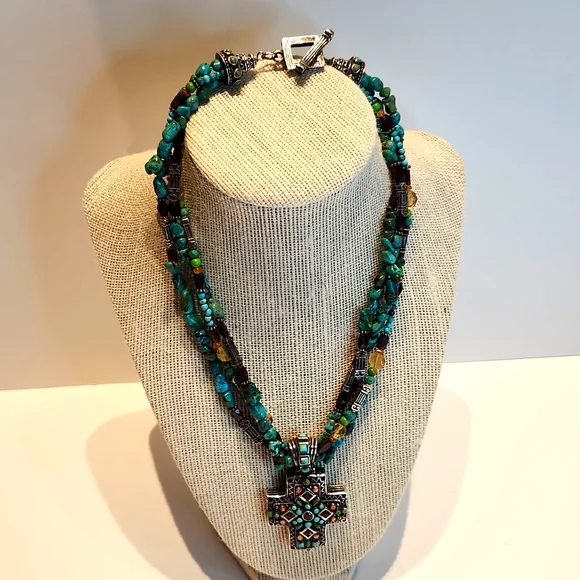 Vintage Sterling Silver and Turquoise Cross Necklace